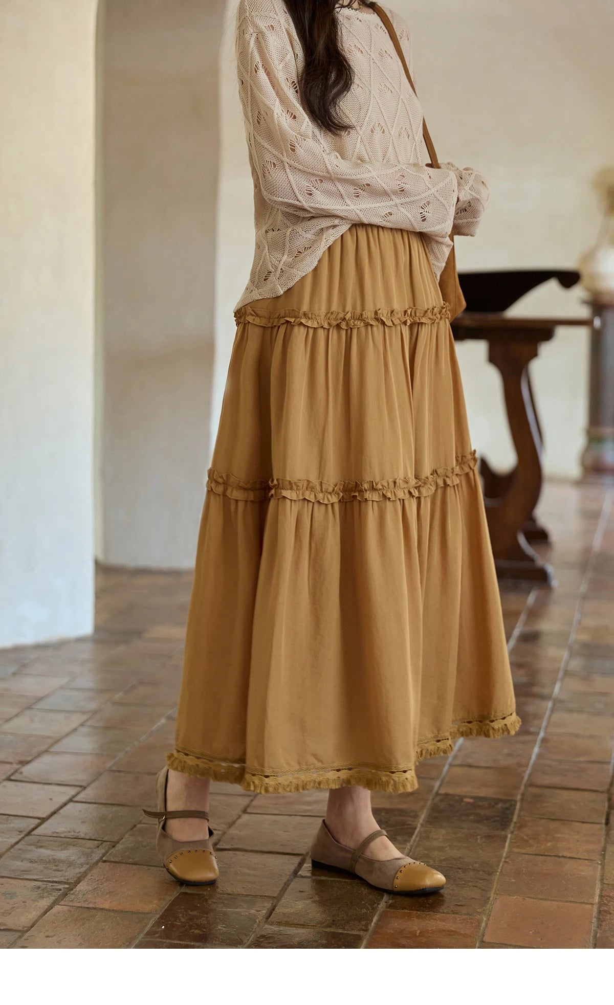 MISHOW Retro Orange 100 Lyocell Skirt 2025 Autumn Black Fungus Edge A-line Skirts Elastic High Waist Hem Tassel Skirt MXE42B2386