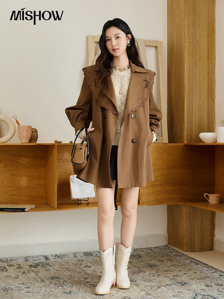 MISHOW Women's Trench Coat 2025 Autumn Hollow Embroidery Mid-length Windbreaker Double-breasted Belt Retro Jacket MXE46W0862