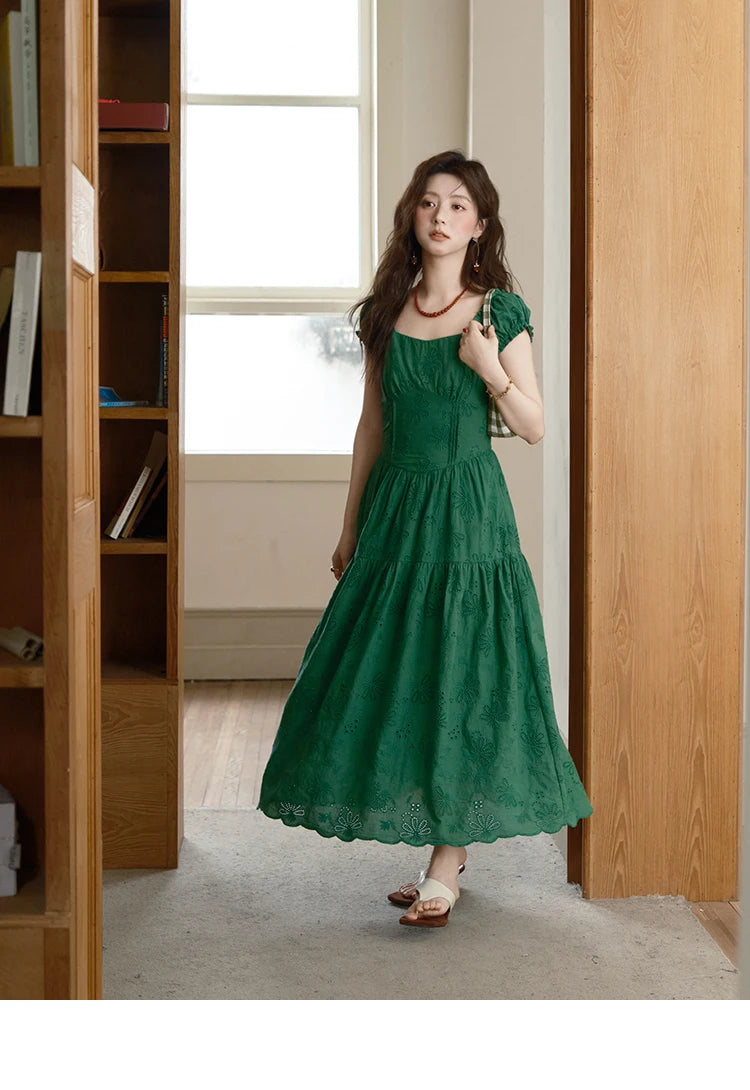 MISHOW Women's French Fashion Square Neck Dress 2025 Summer New Puff Sleeve Embroidery Midi Dresses Ladies Clothing MXE39L2325