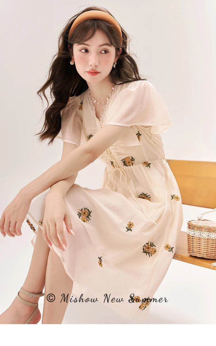 MISHOW [Van Gogh/Sunflower Collection] Embroidered Dress 2023 Summer Sweet Butterfly Sleeve V Neck Lace Splice Dress MXC39L1524