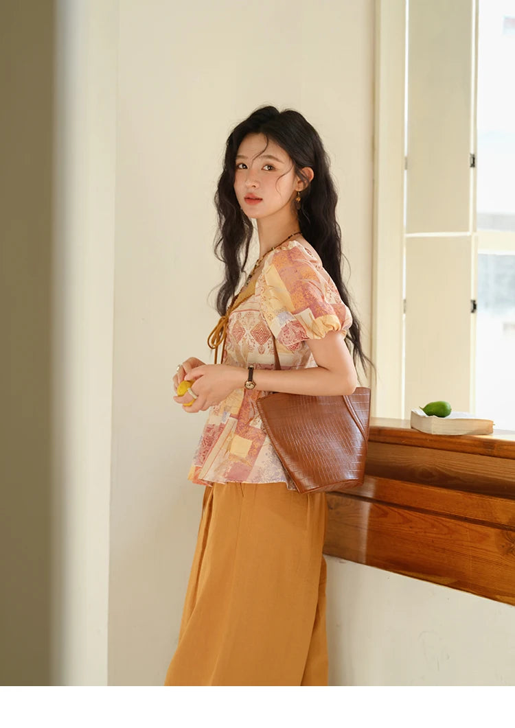 MISHOW V-neck Lace Up Patchwork Blouses for Woman 2025 Summer New Ladies Puff Sleeve Print Loose Top Female Clothing MXE38X1911