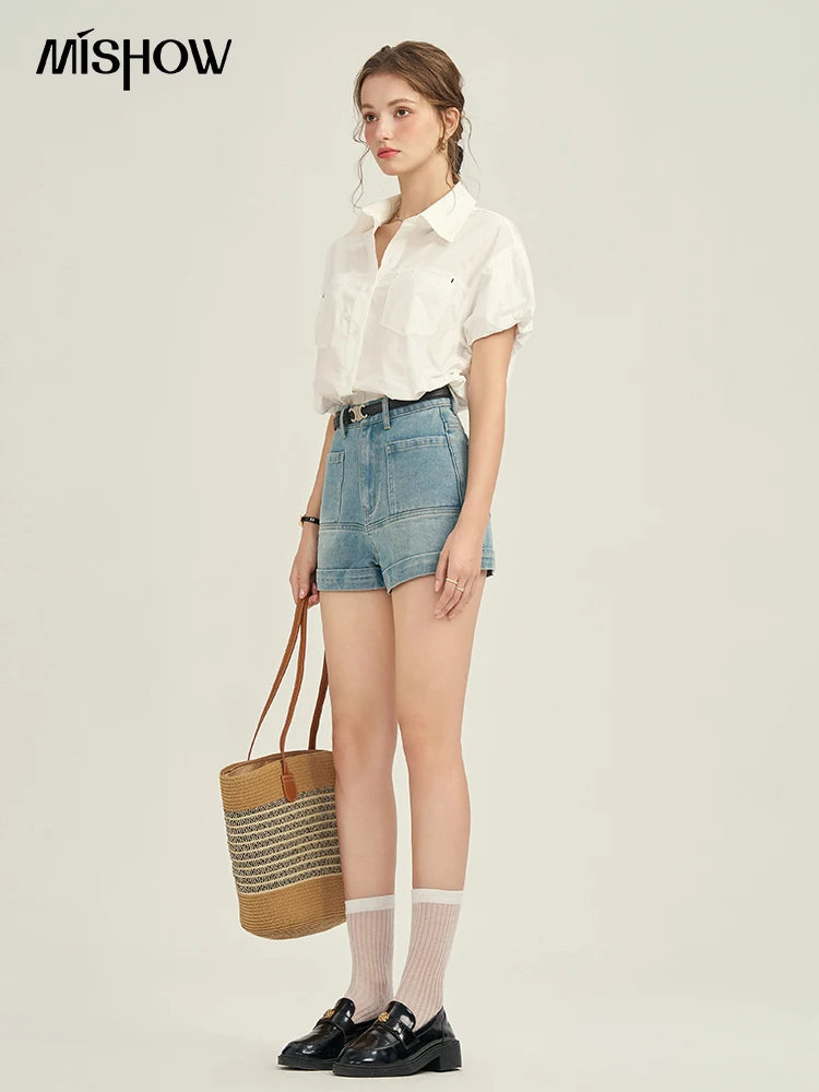 MISHOW Women's Denim Blue Shorts 2025 Summer Korean High Waist Pockets Shorts Female Straight Slim Casual Short Pants MPD26K0618