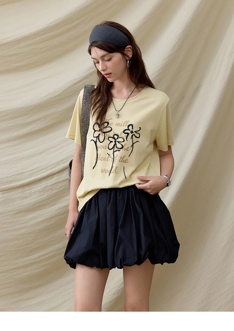 MISHOW Casual Print T-shirts Women Summer 2025 Short Sleeve Round Neck Embroidered Flower Shirt Female Loose Slimming MXE33T0498