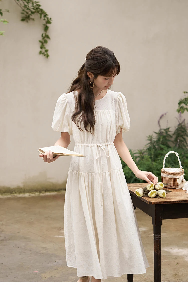 MISHOW French Draw String Waist Dress 2023 Summer Short Sleeve A-LINE Puff Sleeve O-Neck Pullover Elegant Solid Dress MXC38L1415