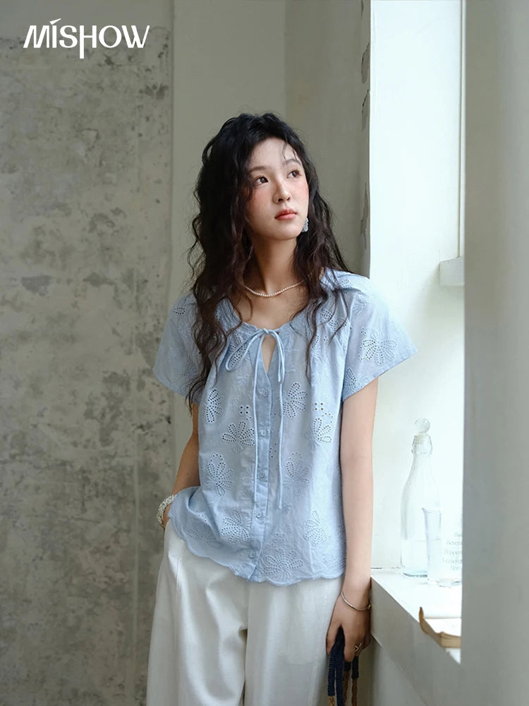 MISHOW Women's 100% Cotton Shirt 2025 Summer New O-Neck Button Lace Up Loose Shirt Fashion Hollow Out Embroidery Top MXE37X1890