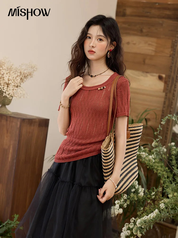 MISHOW Retro Red Hollow Thin Knitted Sweater Shirt for Women 2025 Summer Beads Short Sleeves Knitted Breathable Top MXE35Z1271
