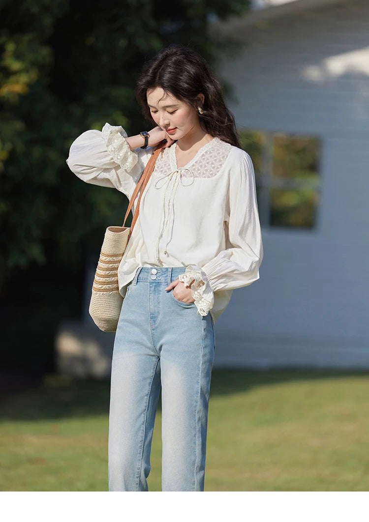 MISHOW Lace Patchwork Shirt for Women Spring 2025 V-neck with Fungus Edge Lace-up Chiffon Top Petal Sleeve Shirts MXE13X1713