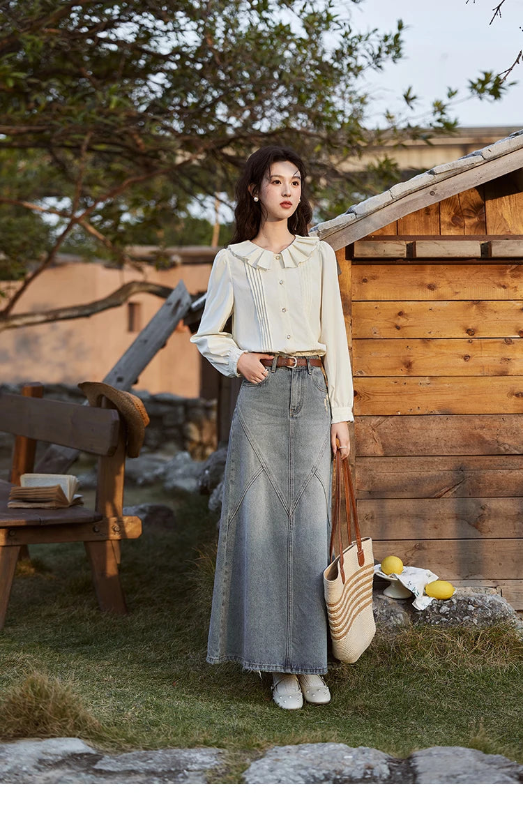 MISHOW French Tucker Pleats Doll Neck Shirt for Women 2025 Spring Straight Shirt Ruffled O Neck Shirts Office Lady MXE12C0401