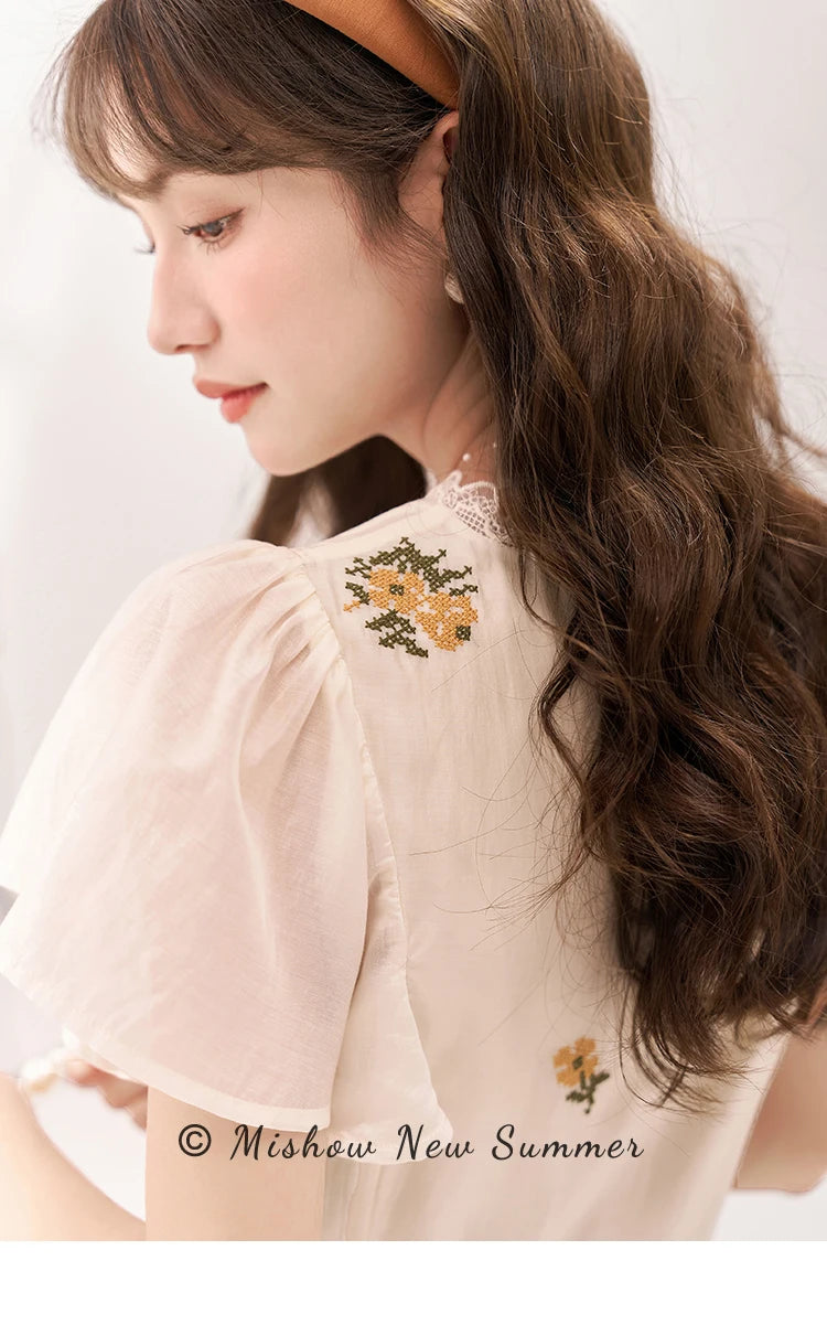 MISHOW [Van Gogh/Sunflower Collection] Embroidered Dress 2023 Summer Sweet Butterfly Sleeve V Neck Lace Splice Dress MXC39L1524