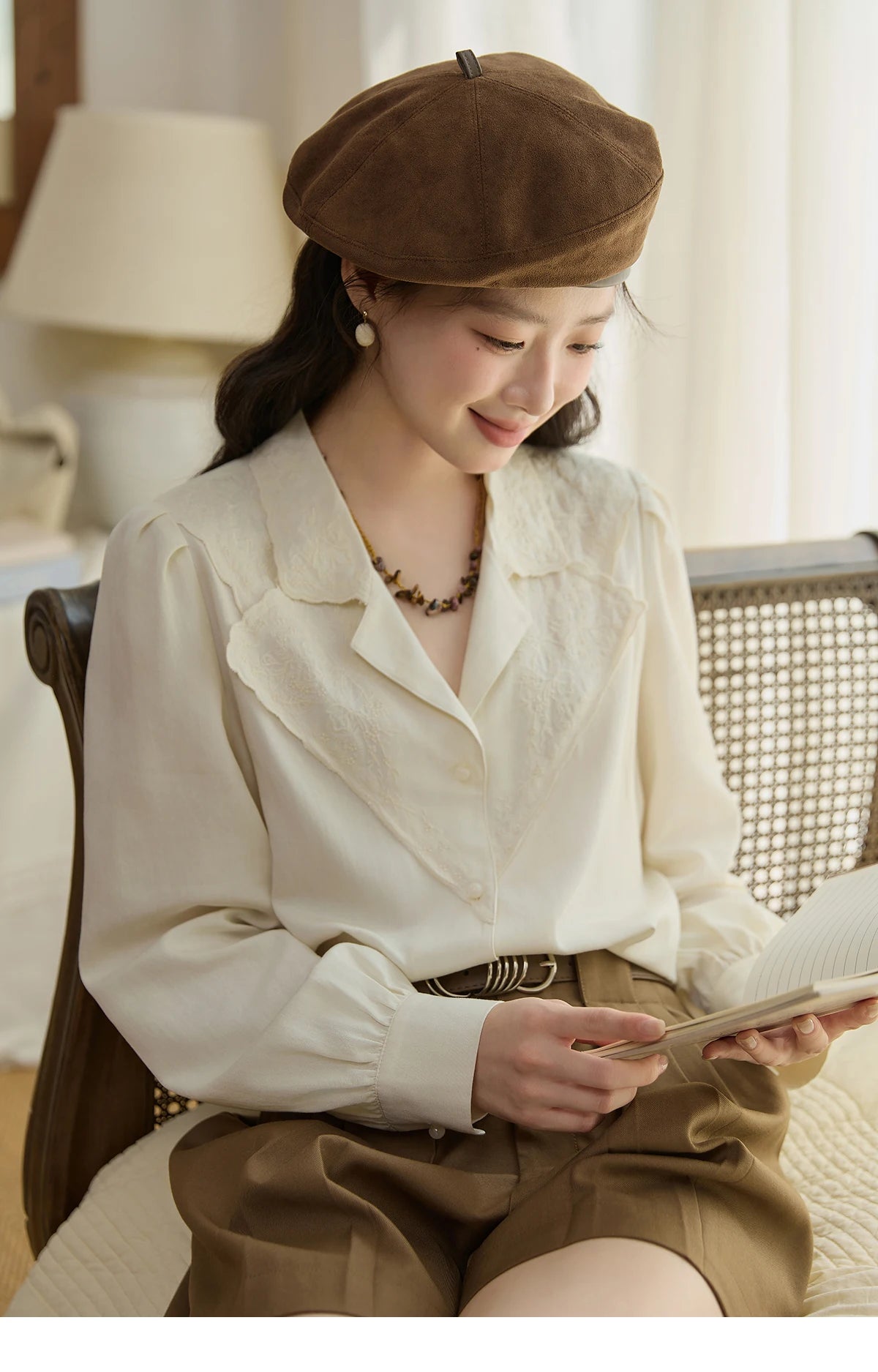 MISHOW Women's Casual Shirts 2025 Autumn Apricot Retro Lace V-neck Top Long Sleeve Lightweight Shirts Women Clothing MXE45X2486