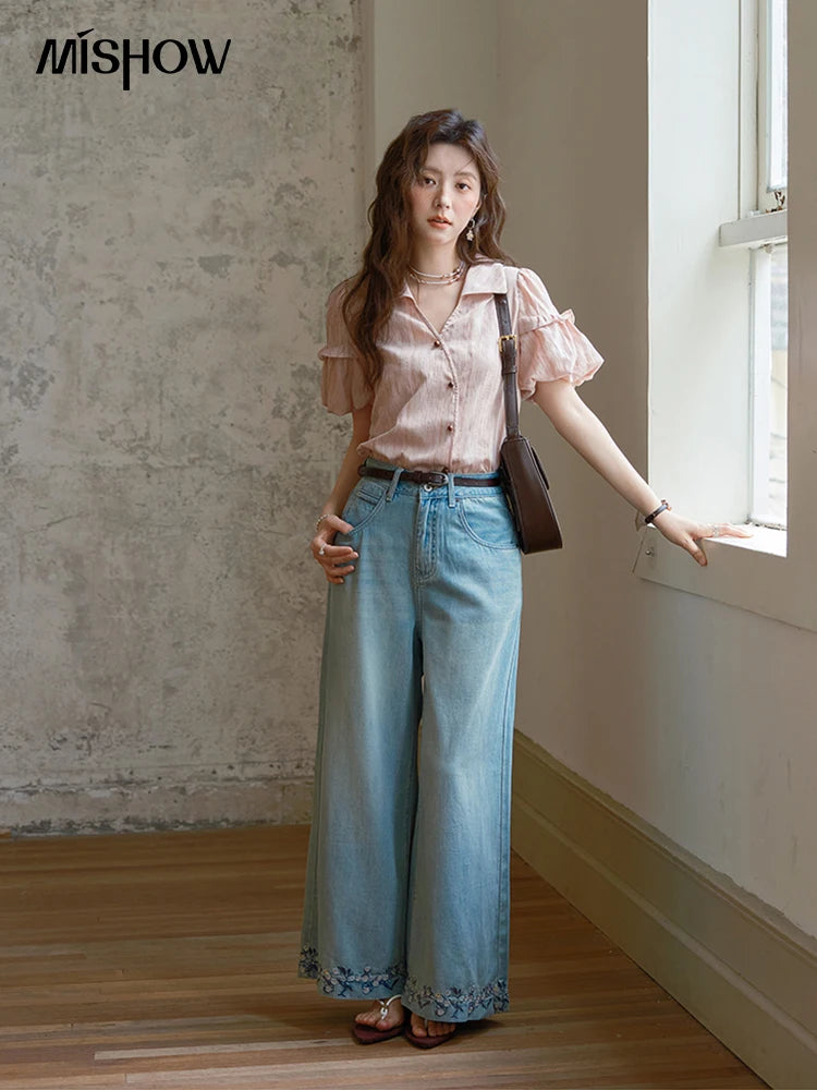 MISHOW Ladies Fashion Puff Sleeve Striped Shirt 2025 Summer New Commute Retro Turn-down Collar Top Women's Clothing MXE37C0808