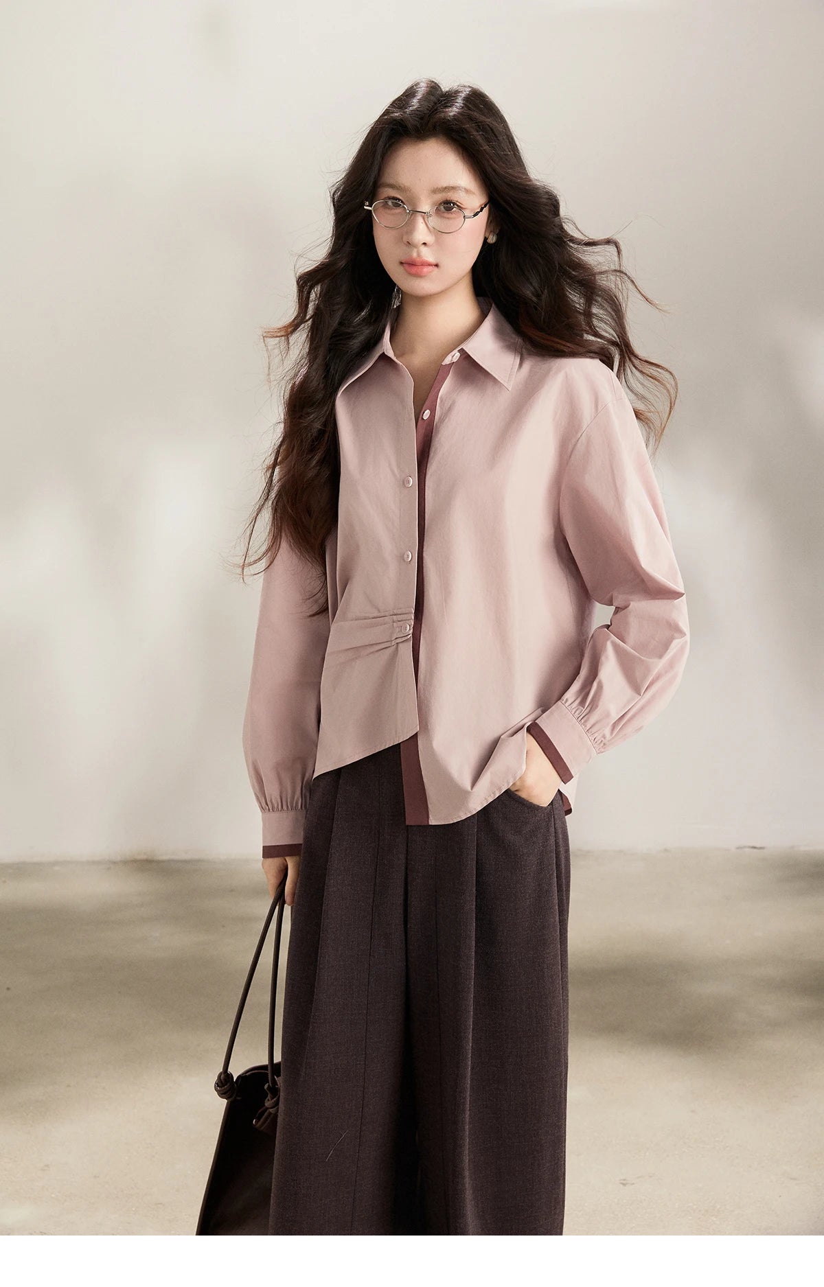 MISHOW Women's French 100 Cotton Contrasting Color Shirts Spring Polo Neck Asymmetrical Casual Commute Loose Shirt MXF13C2435