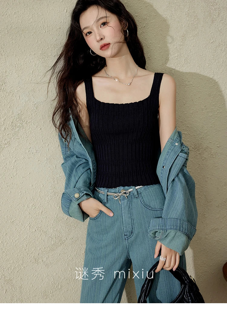 MISHOW Versatile Denim Straight Leg Pants for Women Spring 2025 Embroidery Pockets Commuting Loose Denim Trousers MXE14K0870