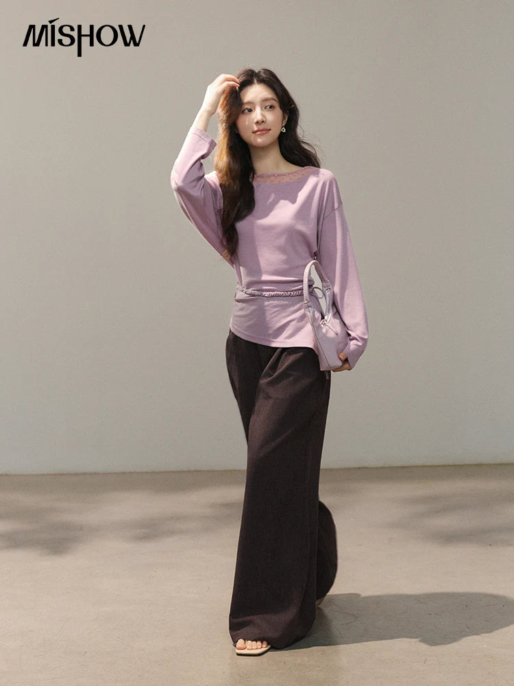 MISHOW Women's Mesh Wool Lace Polka Dot Splicing Tops 2026 Spring Boat Neck Slim Belt Twist Casual Solid T-Shirts MXF13Z3001