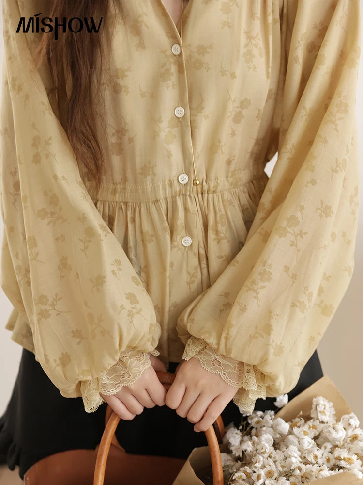 MISHOW Elegant Woman Shirt 2025 Autumn Yellow Printing Lantern Sleeves Shirt Commute Drawstring Waist Lace Trim Top MXE45X2499