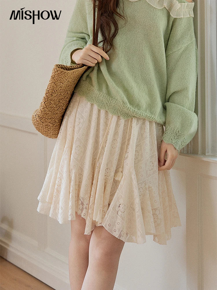 MISHOW Women's Beige Apricot Lace Midi Skirt 2026 Spring High Waist Flowy A-Line Skirts Irregular Romantic Skirt MXF108B0768