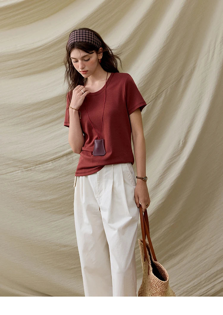 MISHOW Casual Summer T-shirts Women Short Sleeve Round Neck Solid Straight Shoulder Shirt Female Fashion Slimming New MXE31T0532