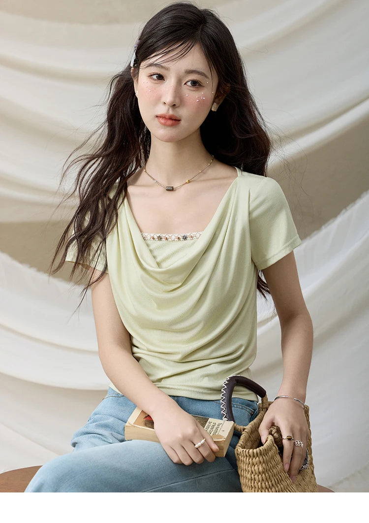 MISHOW Casual Summer Shirts Women 2025 Fashion Short Sleeve Swing Collar Solid T-shirt Female Slim Shell Ribbon Tops MXE33T0524