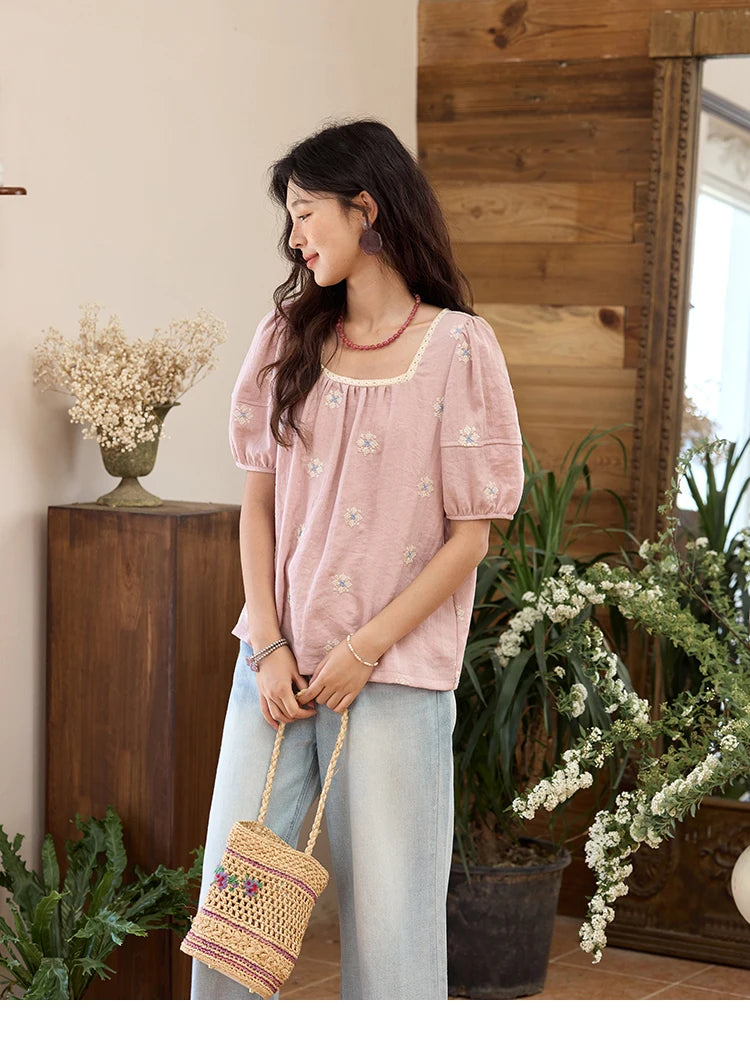 MISHOW Pink Embroidered Linen Floral Blouse for Summer 2025 A-line Square Collar Blouses Lace Patchwork Loose Tops MXE35X1834