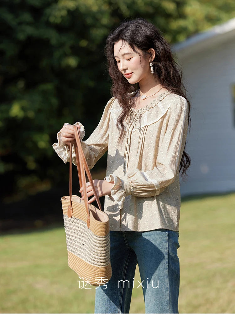 MISHOW Women's Floral Round Neck Shirts 2025 Spring Ruffled Collar Commuting Top Sweet Petal Sleeve Lace-up Shirts MXE14X1729