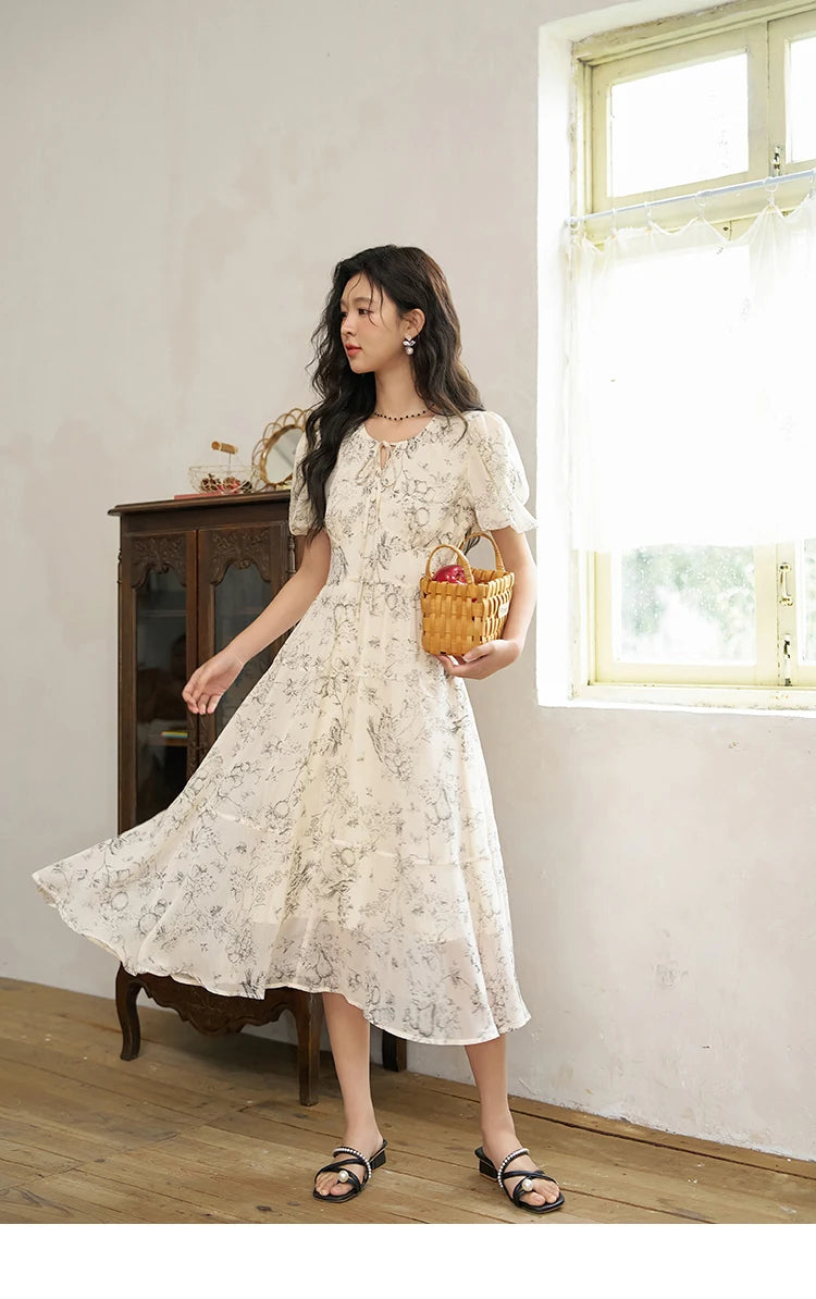 MISHOW Women's Print Chiffon Dresses 2025 Summer New Floral Short Sleeve Mid-length A-line Lace-up French Lady Dress MXD27L1841