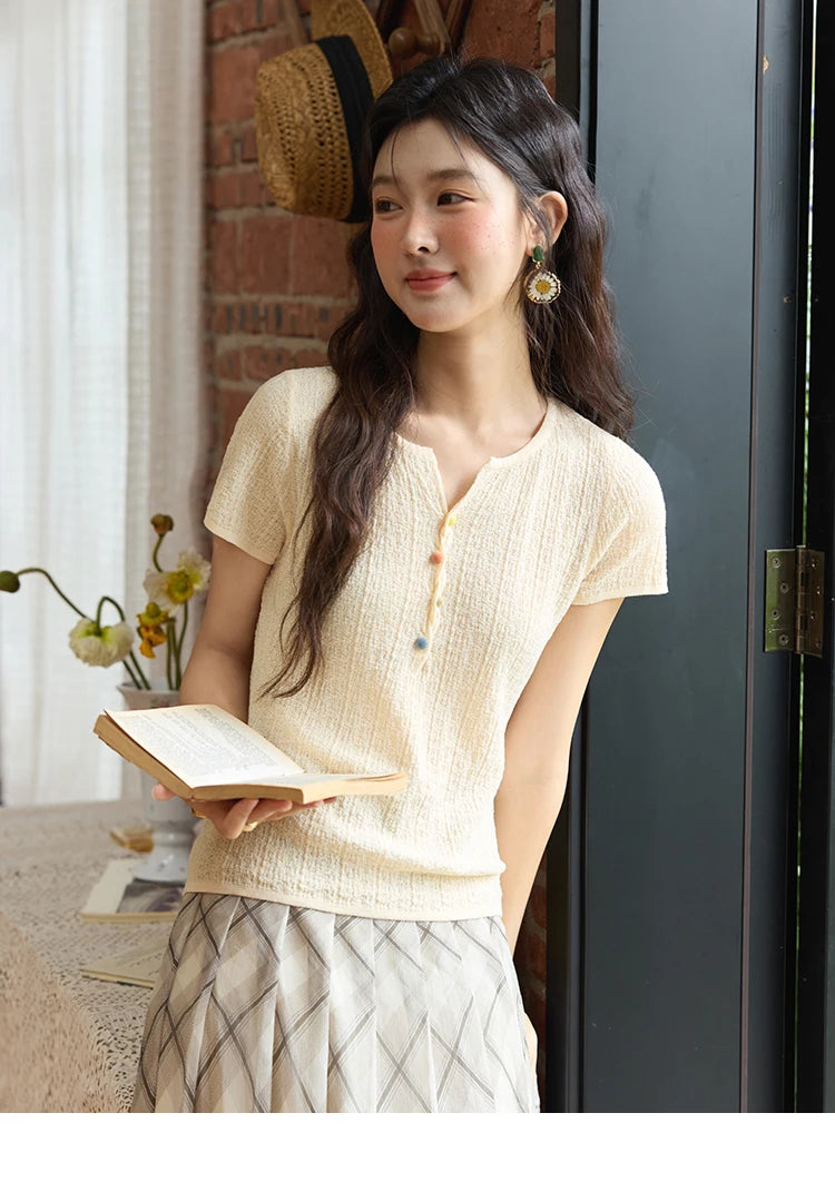 MISHOW Short Sleeved Knitted T-shirt for Women Summer 2025 Twisted Design Dopamine Button Tees Slim Breathable Top MXE34Z1243