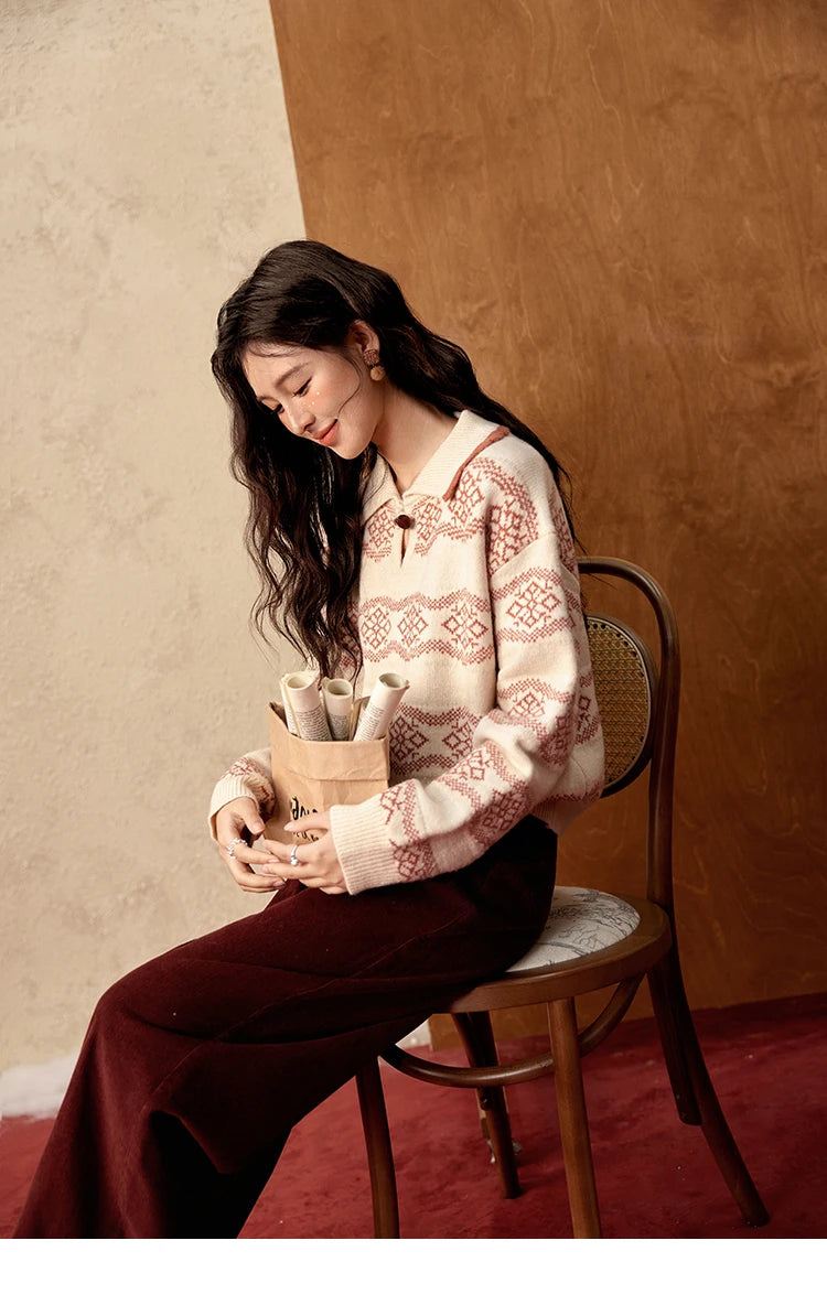 MISHOW Fair Isle Knitting Sweater Women Christmas Turn Down Collar Pullovers Versatile Soft Warm Office Lady Warm Top MXD59Z1042