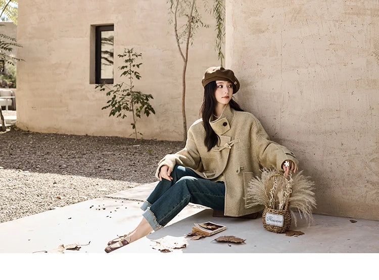 MISHOW Reversible Wool Velvet Coat Cow Horn Button Lapel Coat 2024 Winter Fashion Luxury Senior Korean Tweed Jacket MXD44W0446