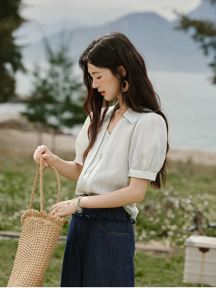 MISHOW French Summer Blouses Women New 2025 Solid Short Sleeve Turn-down Collar Slimming Shirts Female Straight Thin MXE33C0782