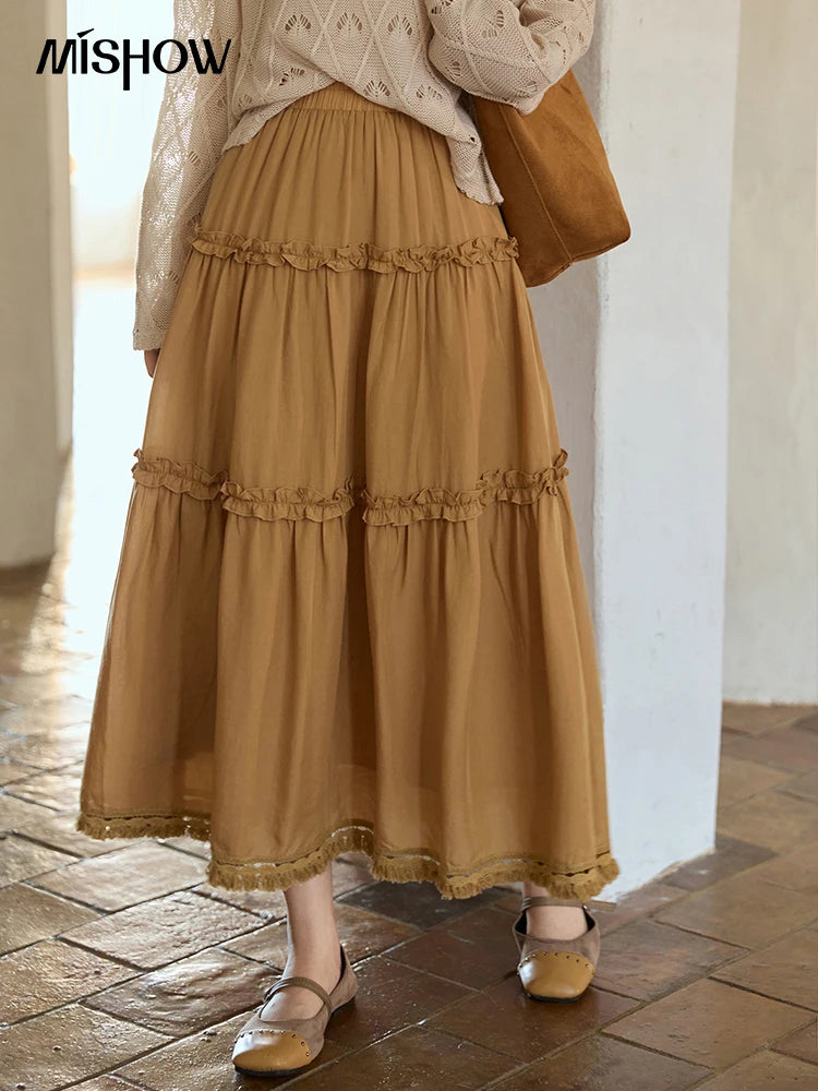 MISHOW Retro Orange 100 Lyocell Skirt 2025 Autumn Black Fungus Edge A-line Skirts Elastic High Waist Hem Tassel Skirt MXE42B2386