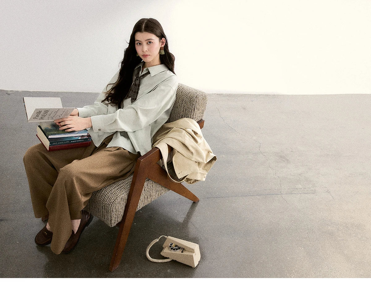 MISHOW Women's Casual Loose Shirt with Plaid Scarf 2026 Spring Lapel Tops Versatile Long Sleeve Shirts Office Lady MXF108C0815