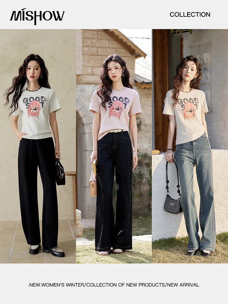 MISHOW Printed Cotton T-shirts for Women Spring 2025 Loose Slim Short Round Neck Tees Versatile Soft Casual Tops MXE13T0461