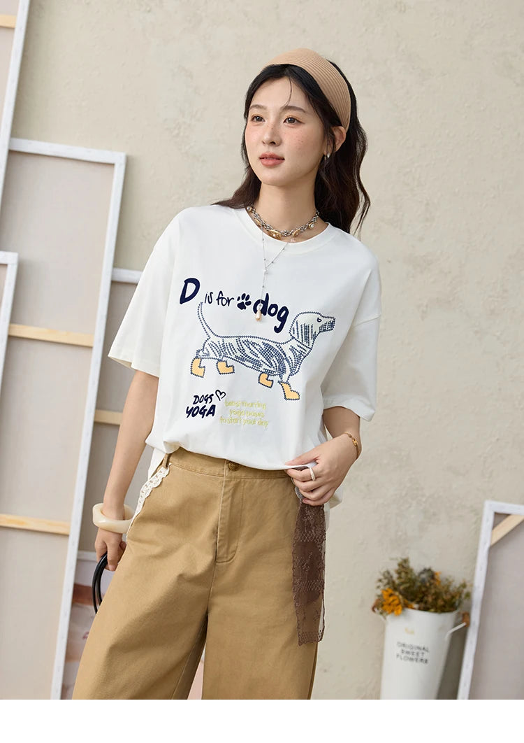 MISHOW Print Summer T-shirts Women 2025 Short Sleeve Round Neck Flocked Puppy Loose Shirt Female Casual Versatile Top MXE33T0542