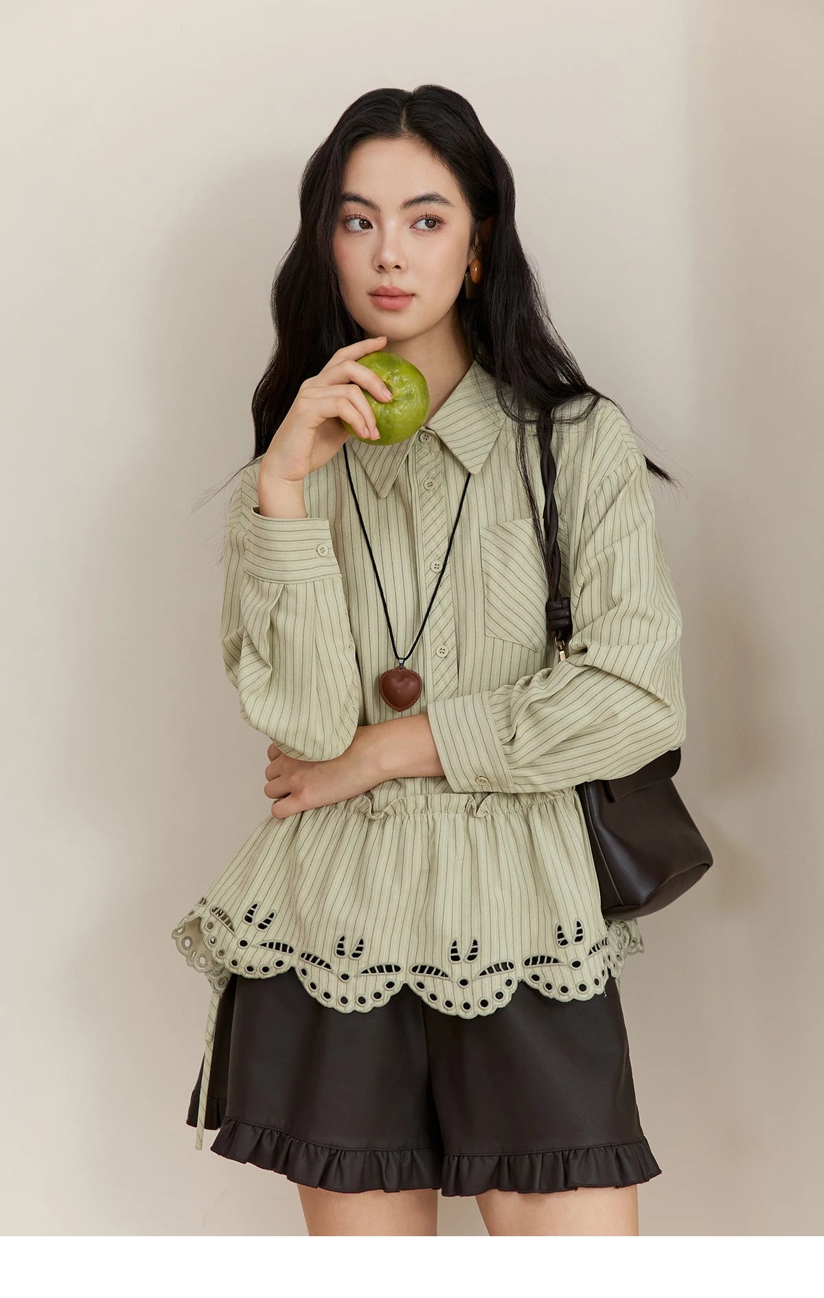 MISHOW Green Striped Shirt for Women 2025 Autumn New Fashion Design Embroidery Loose Casual Tops Commuting Shirt  MXE49C2414