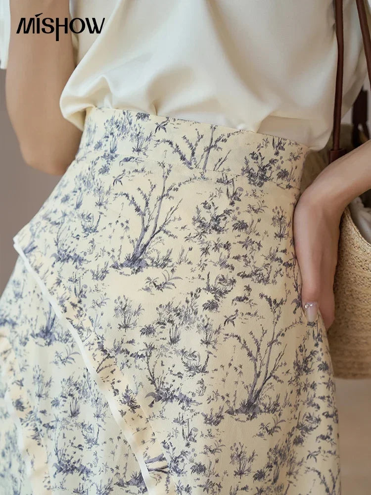 MISHOW Retro Floral Midi Skirt for Women Summer 2023 Side Split High Waist A-line Elegant Elastic Waist Long Skirts MXC37B0044