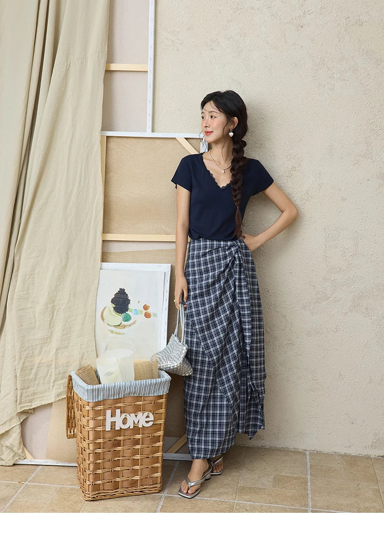 MISHOW Women's Short Sleeve T-shirt 2025 Summer Office Lady Fashion V-neck Spliced Lace Casual Tee Female Clothing  MXE36T0644