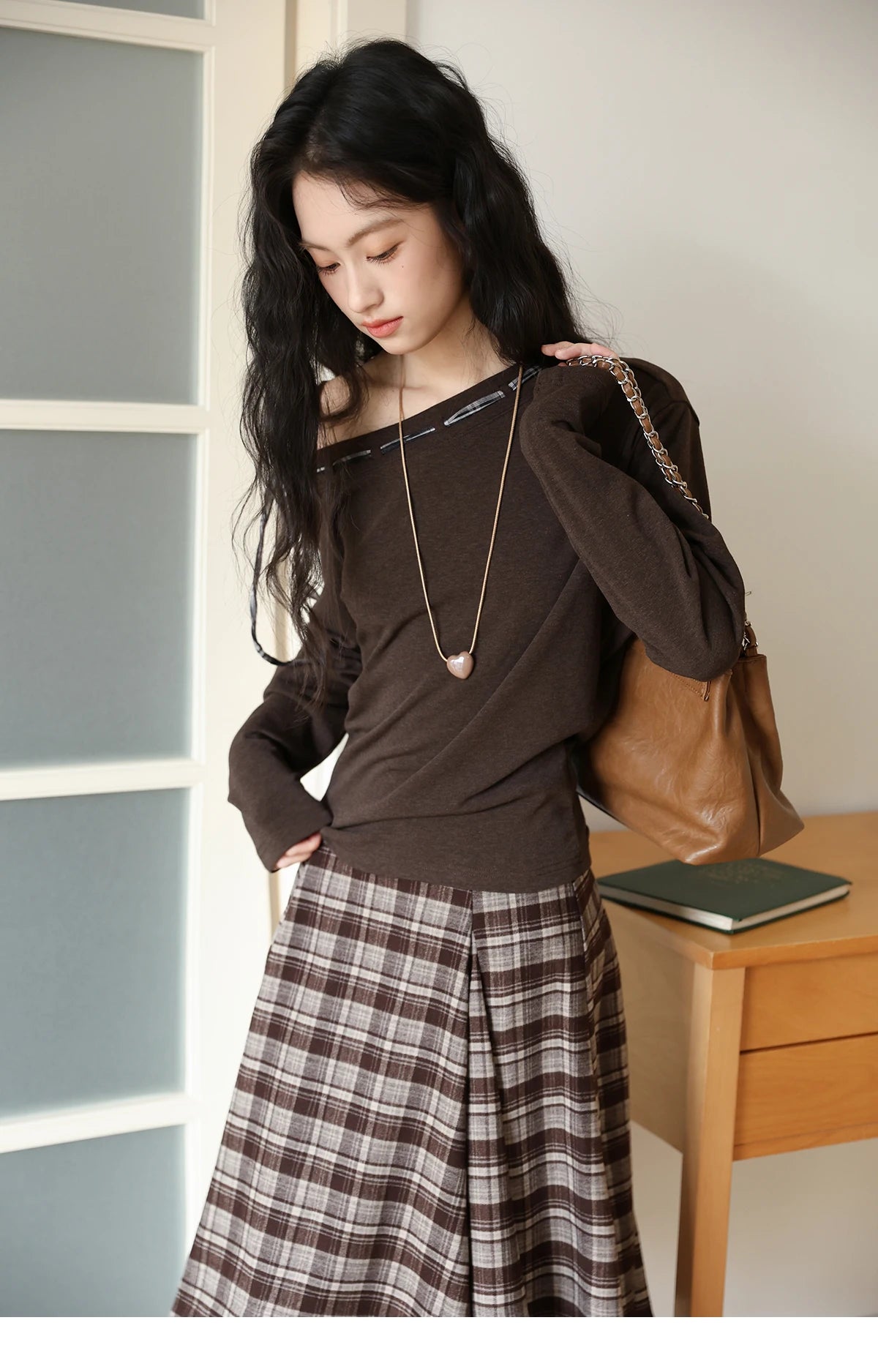 MISHOW Slant Shoulder Knitted Top for Women Autumn 2025 Drak Brown Plaid Strap Design Tops Casual Knitted Base Top MXE45T1402