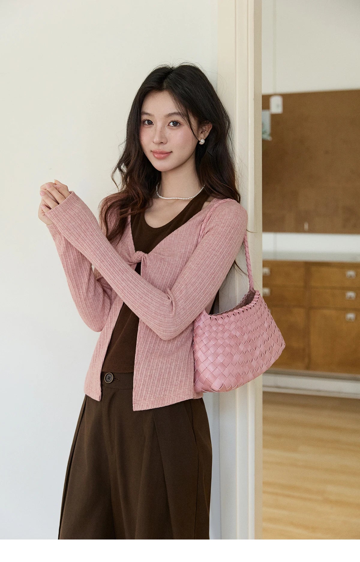 MISHOW Women's Pink Brown Fake Two-Piece Top 2026 Spring Ribbed Knit Knot Front Thin Top U-Neck Long Sleeve Slim Tops MXF11Z2912