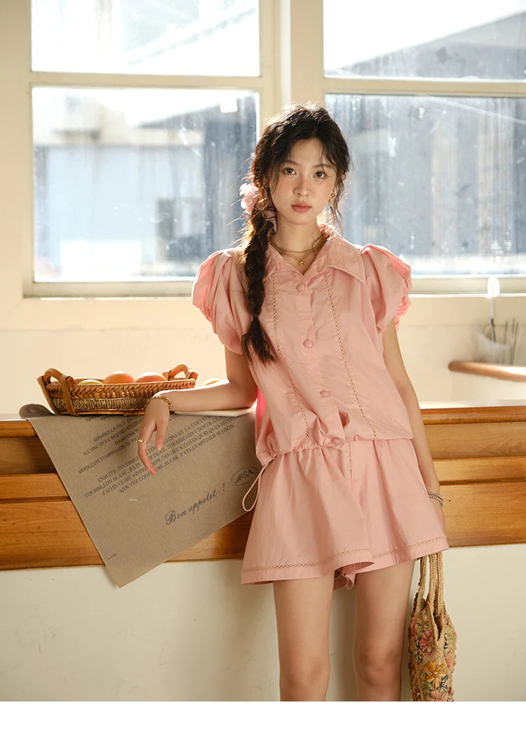 MISHOW 2 Pieces Set for Woman 2025 Summer New Loose Sweet Short Sleeve Button Shirt Casual Shorts Set Ladies Clothing MXE34T0591