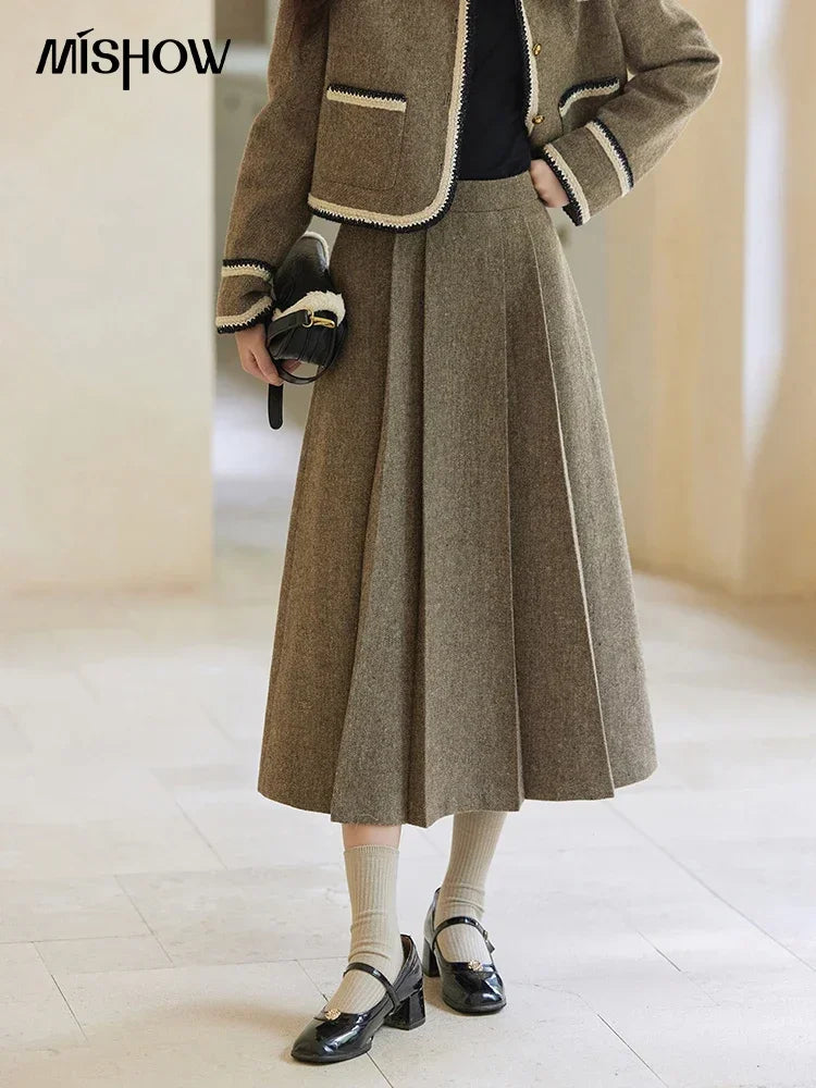 MISHOW Vintage Midi Skirts Coat Seprately Women 2024 Winter Turn Down Collar Plaid Tweed Jacket A-Line Pleated Skirt MXD56W0569