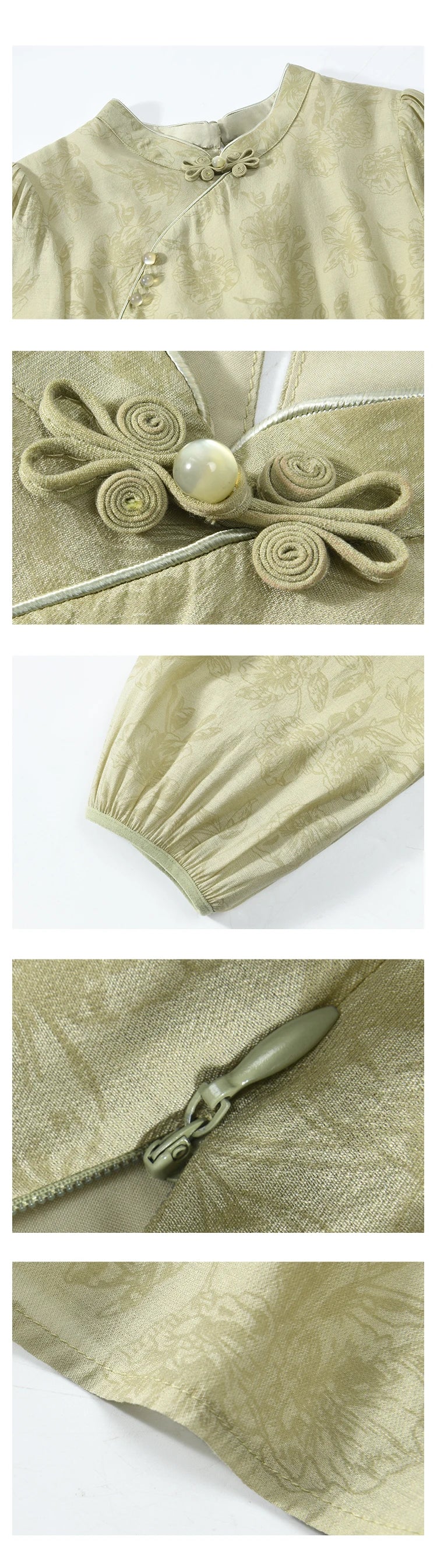 MISHOW Retro Chinese Improved Cheongsam Dress 2024 Spring Chiffon Printing Green Puff Sleeve Stand Neck Waist Dresses MXD14L1767