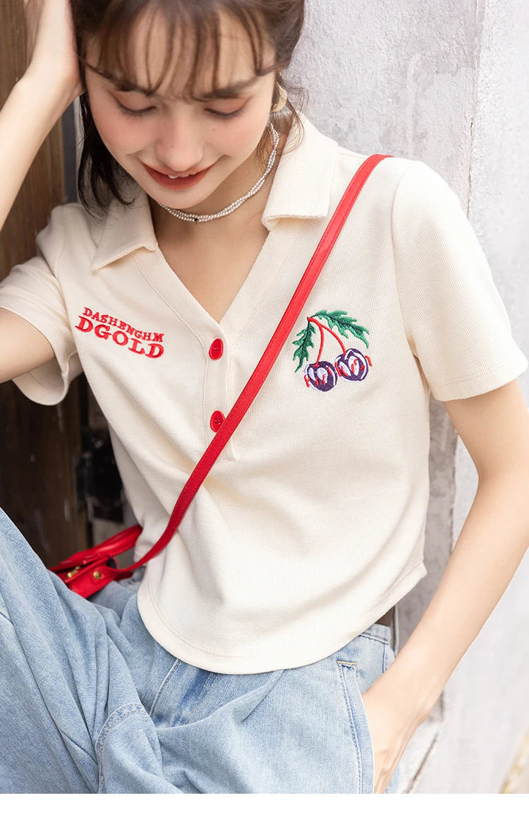 MISHOW Summer T-shirts for Women Korean Fashion Polo Collar Embroidery Letter Short Tops Harajuku Casual Solid Tees MXB32T0477