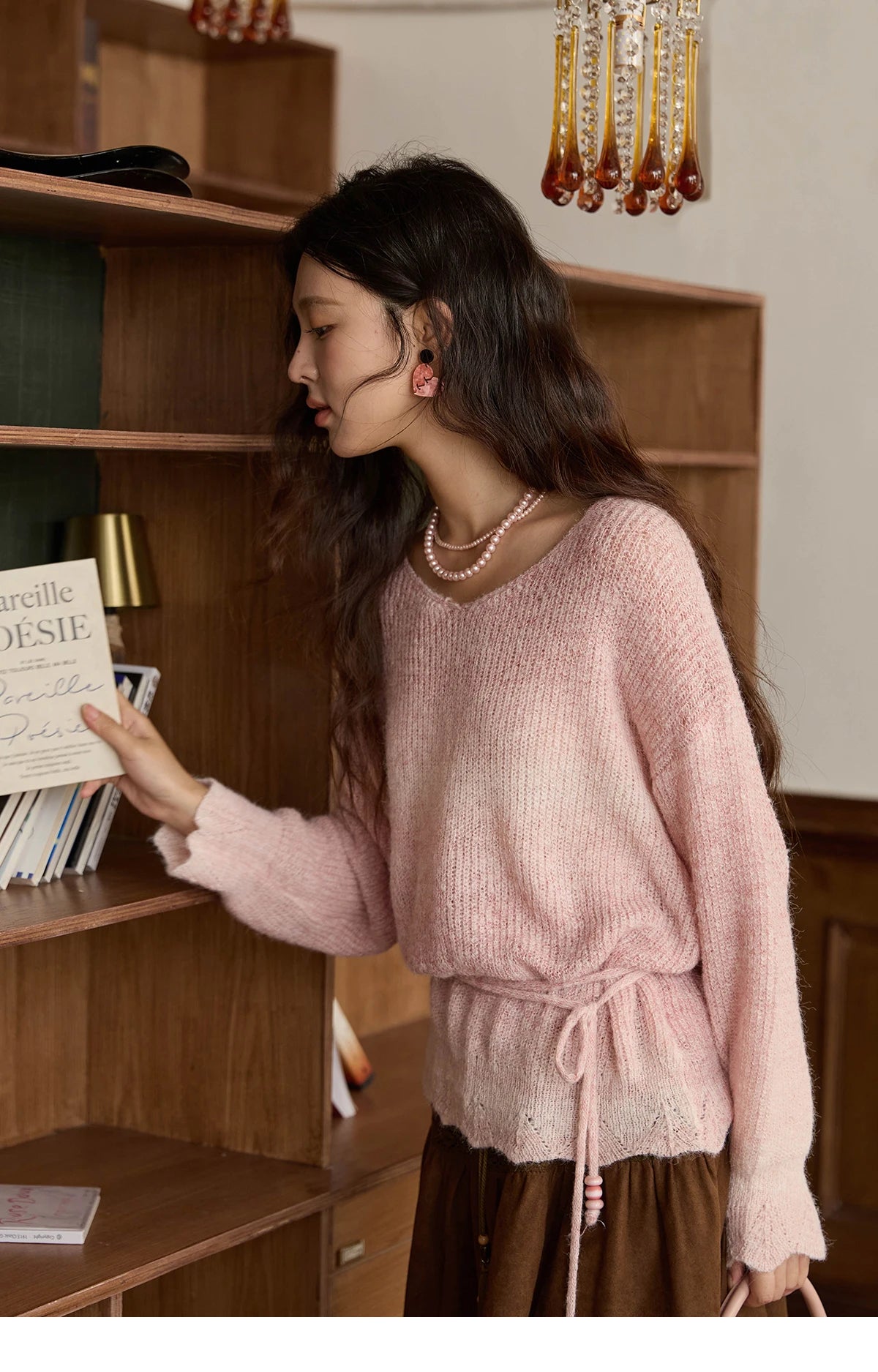 MISHOW Women's Pink Gradient Knitted Top 2025 Autumn French Wool Blend Ribbed Cuff Long Sleeve Tops with Knitted Rope MXE43Z1334