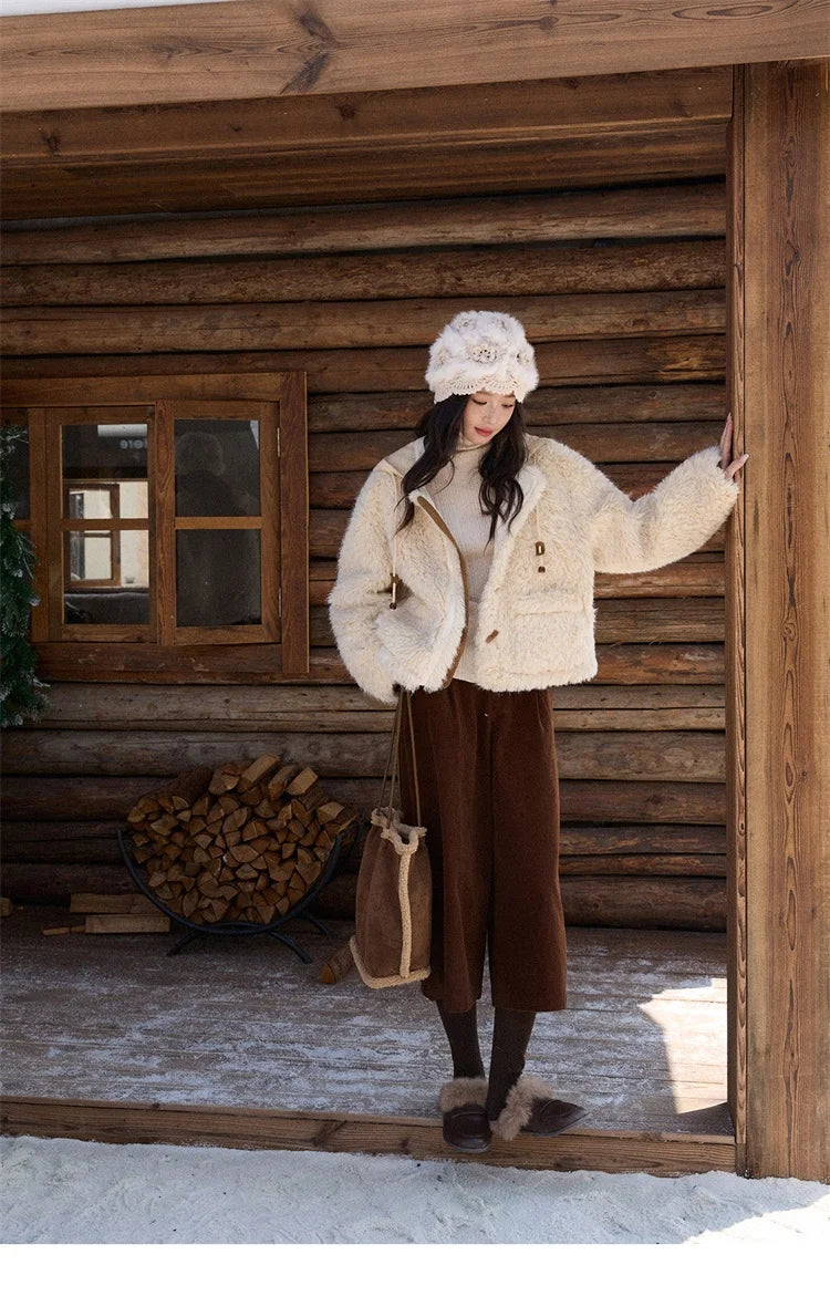 MISHOW Winter Jacket Women 2025 Fashion Beige Knitted Hooded Plush Coat Casual Commute Warm Windproof Short Coat MXE86W0908