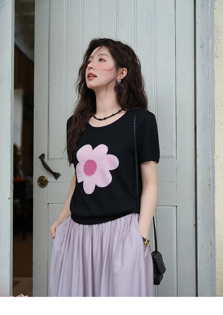 MISHOW Contrast Color Flower Knitted T-shirts for women 2025 Summer New Round Neck Top Women's Clothing Commute Tee MXE39Z1311