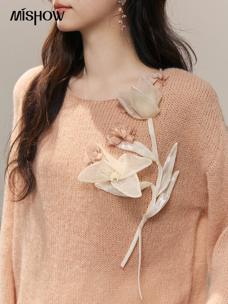 MISHOW 3D Floral Applique Crew Neck Knit Thin Sweater 2026 Spring Loose Casual Elegant Top Soft Pinkish Beige Sweater MXE47Z2649