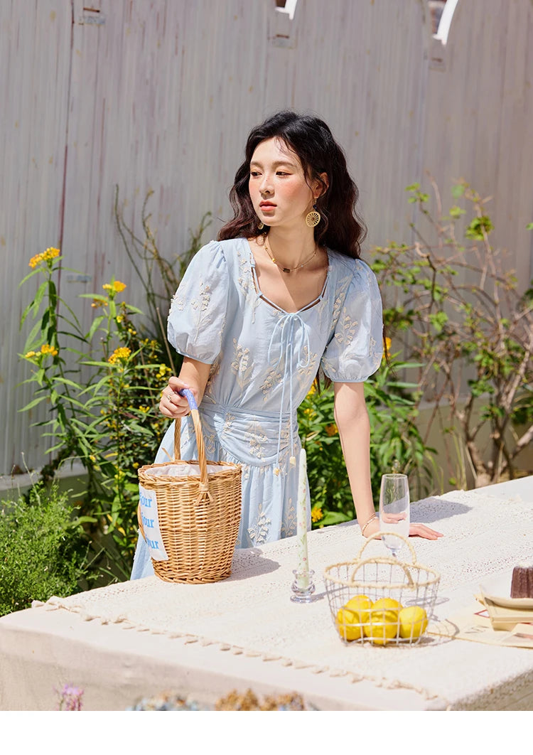 MISHOW Blue Square Neck Bubble Sleeve Dress for Women Summer 2025 Waist Vacation 100 Cotton Embroidered Long Dress MXE35L2234