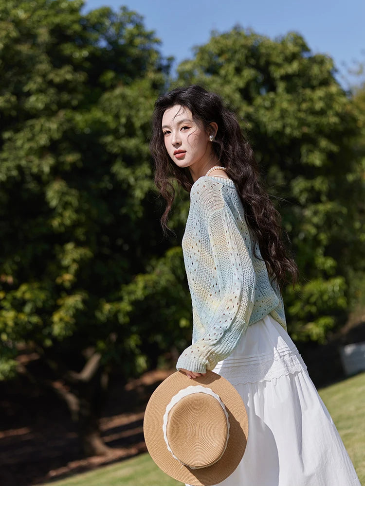 MISHOW Gradient Blue Green Knitted Sweater Women 2025 Autumn Long Sleeve V-neck Drawstring Tops New Fashion Sweaters MXE16Z1171