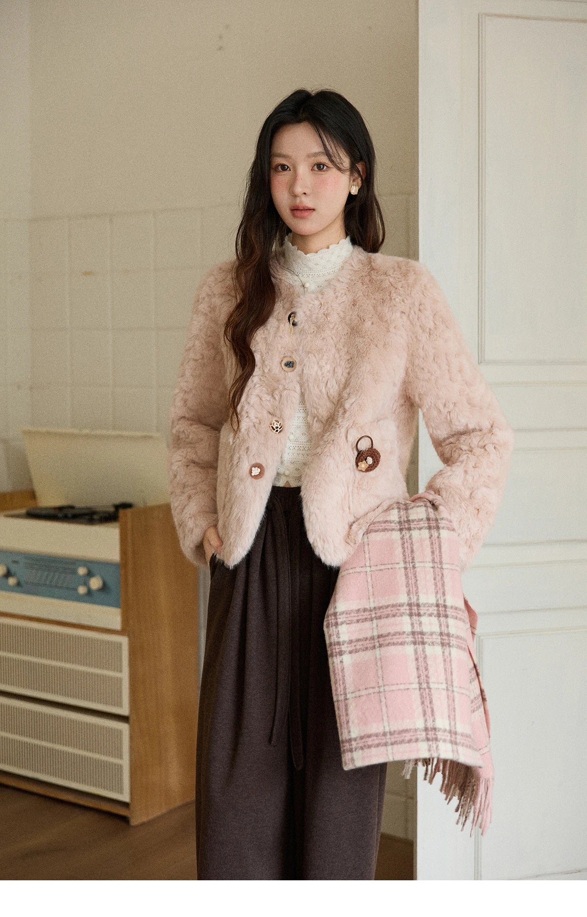 MISHOW Women's Winter Jacket 2025 Sweet Pink Faux Rabbit Fur Coat with Pockets Handcrafted Vintage Buttons Outerwear MXE87W0990