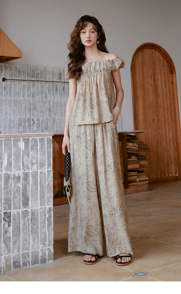 MISHOW Ink Printing Slash Neck Top Wide Leg Trouser Separately Summer Elastic Waist Pants Folds Chiffon Office Lady MXC39X1298